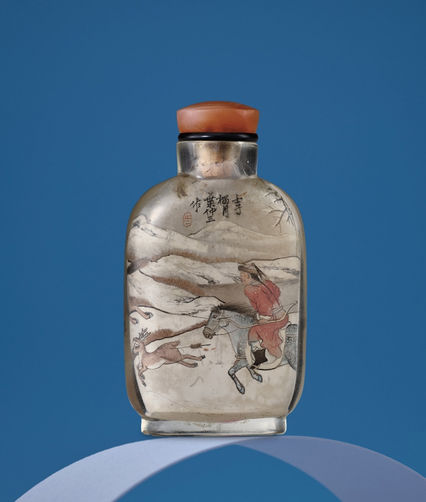 葉仲三作水晶內畫秋獵圖鼻煙壺-宇珍國際藝術| Yu Jen Taipei德馨書屋