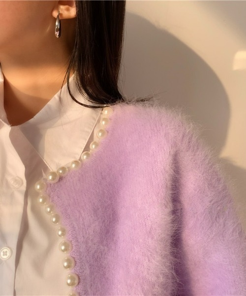 LACーVERT カーディガン パールパイピング シャギーファーカーディガン