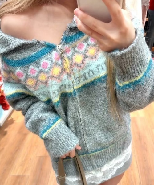 DIAVEL ニット セーター 「秋冬新作」ふわふわノルディック柄ジップ