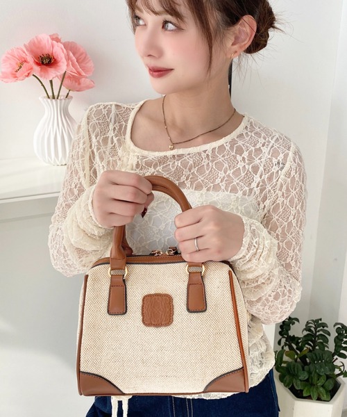 moment+ ボストンバッグ レザーモチーフロゴ配色キャンバスボストン