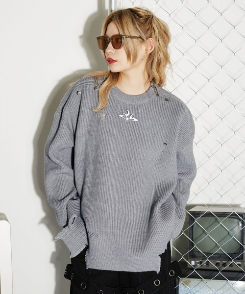 セーター ニット メタルロゴルーズクルーネックダメージニット メンズ