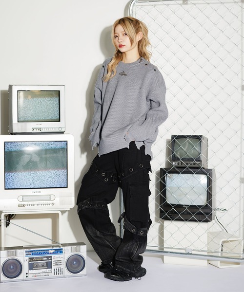 セーター ニット メタルロゴルーズクルーネックダメージニット メンズ