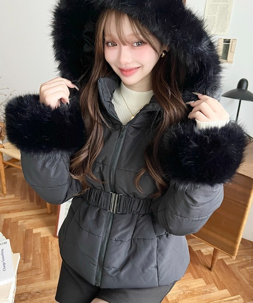 moment+ ダウンコート ダウンジャケット ウェストベルト付きフード