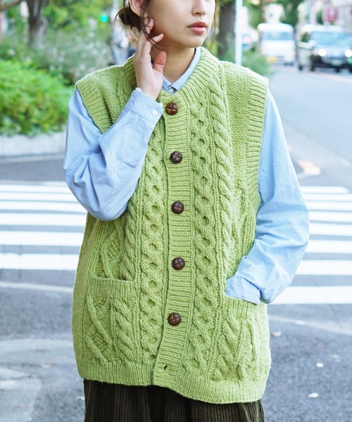 HARVESTY（ハーベスティ） ベスト ジレ CABLE KNIT VEST 手編み