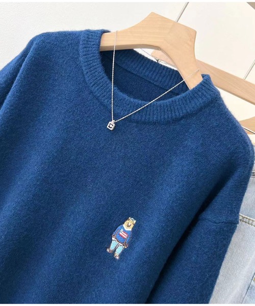 2ly2 ニット セーター クマ刺繍ラウンドネックソフトもちもちセーター