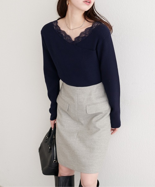 natural couture ニット セーター アシメレースネックリブニットプル