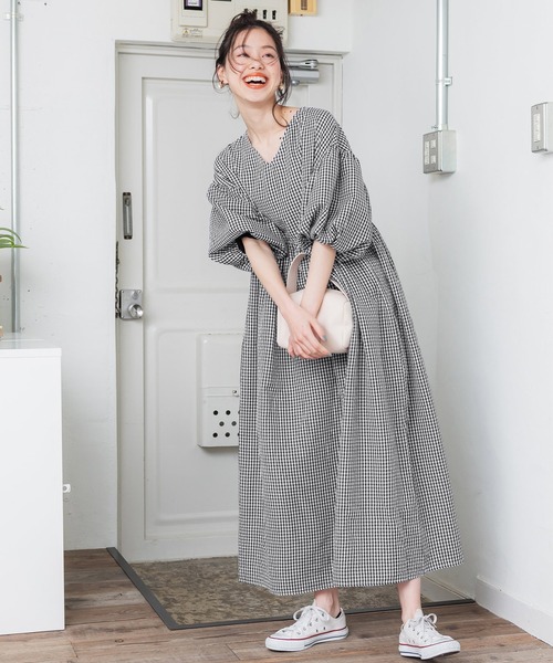 coca（コカ） ワンピース ギンガムチェックVネックワンピース