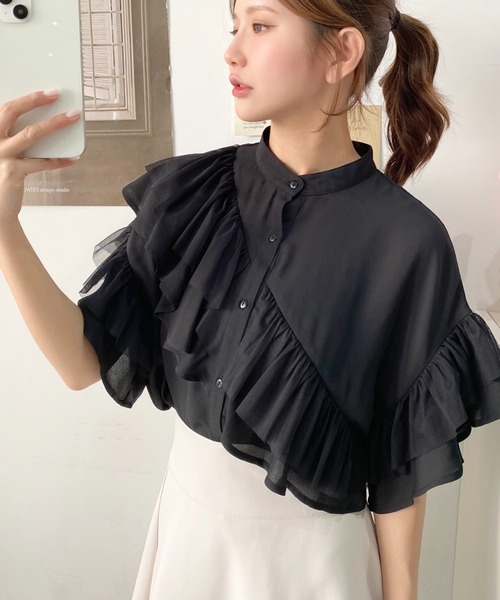 moment+ ブラウス シャツ シフォンジョーゼット半袖ダブルフリル