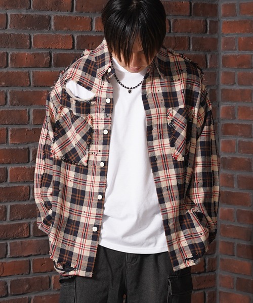 シャツ グランジ加工 ダメージ ヘビーチェックシャツ / Grunge effect