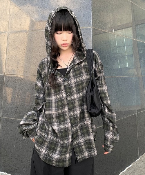 anyonemore ブラウス シャツ オーバーサイジングフード付きチェック
