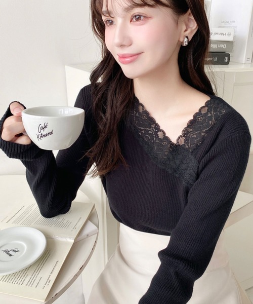 moment+ ニット セーター レーストリムアシンメトリーネックインナー