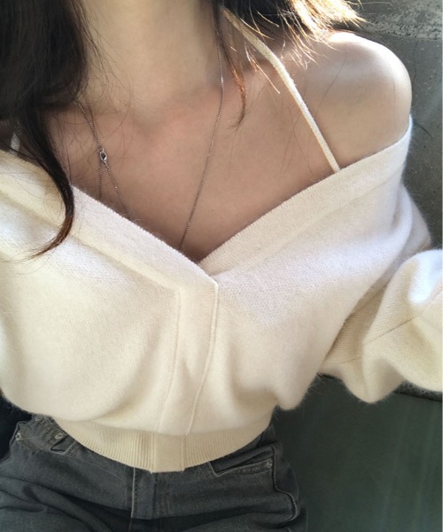 ニット セーター オフショルダー 深V ネック クロップド プルオーバー