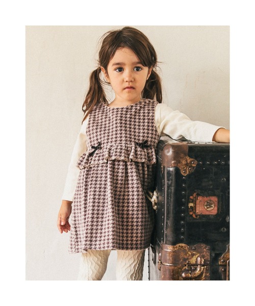 BeBe（ベベ） BeBe/「お揃い」ベロア千鳥柄フリルリボンワンピース