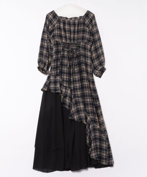 Anely ワンピース チェック柄 アシンメトリー 配色 ティアード
