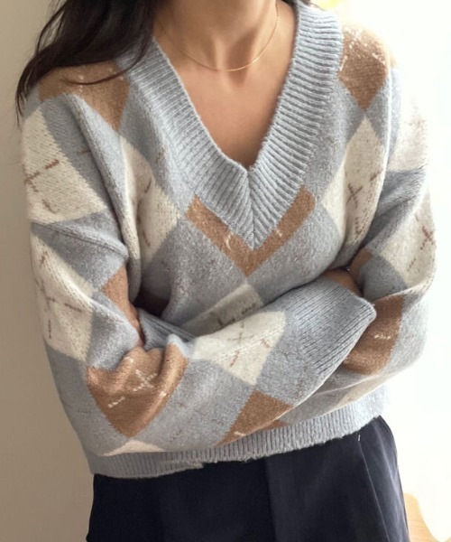 ニット セーター Vネック アーガイル柄 ショート丈 レディース
