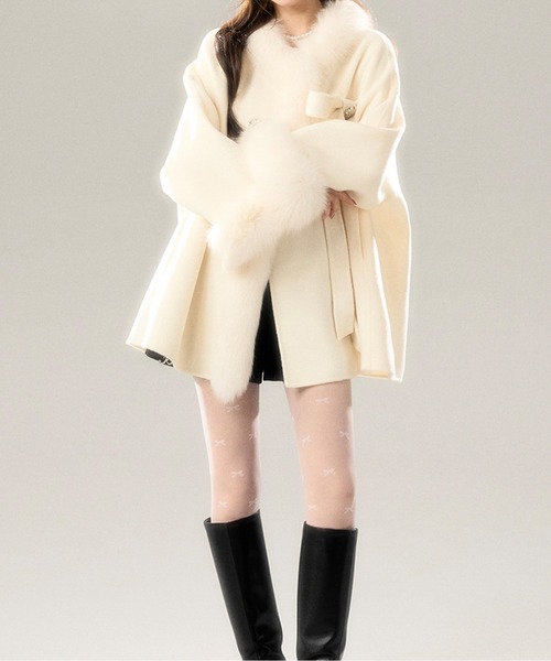 LUCPY コート アウター リボン付きファーフレアショートコート