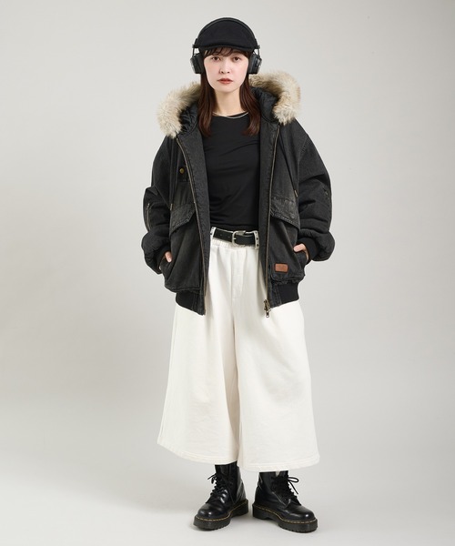 Perushu ブルゾン アウター ヴィンテージライクデニムフードファー