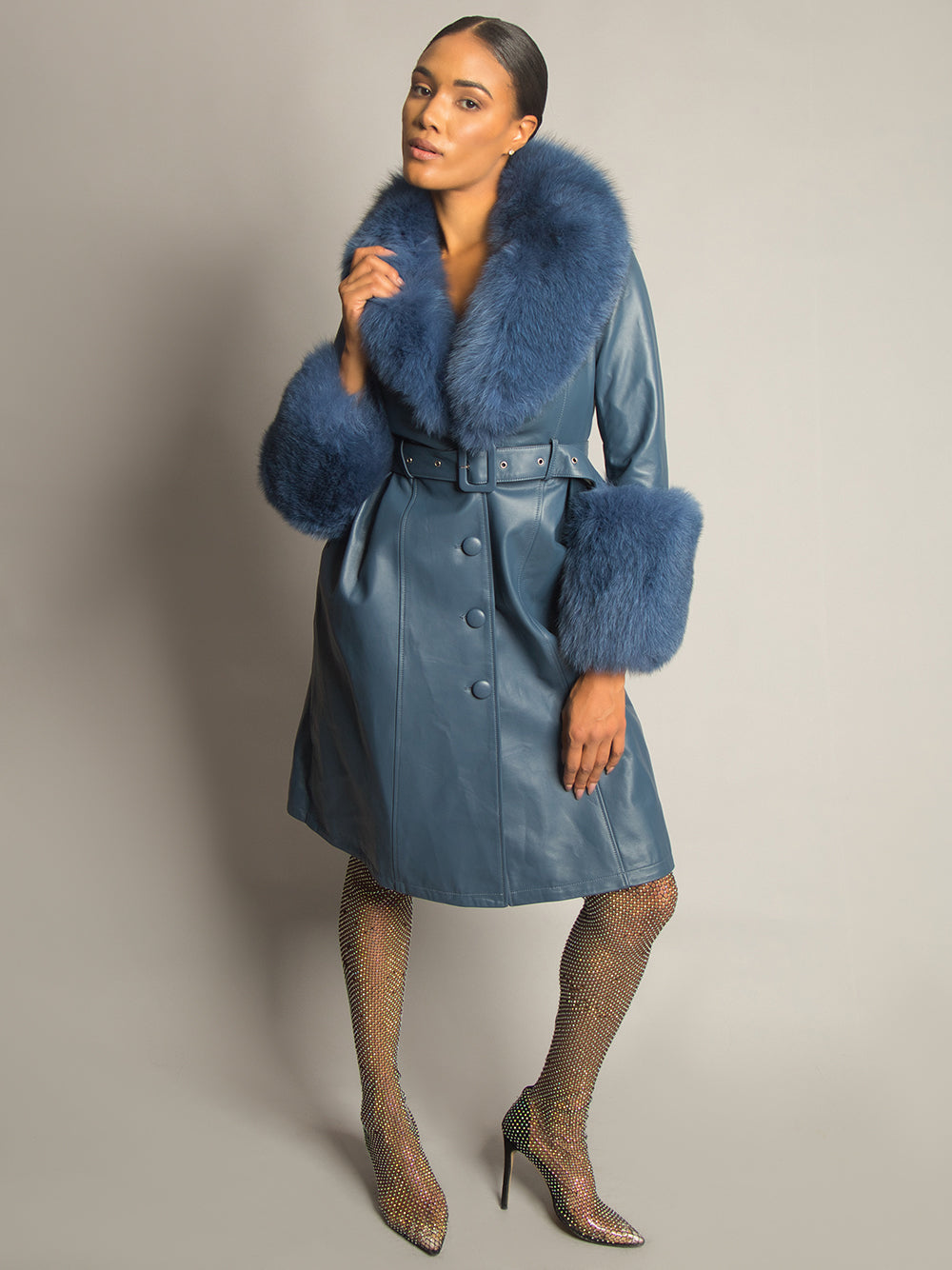 Foxy Leather Coat w/ Fox Fur In Yale Blue -..-. ZCRAVE™ OFFICIAL