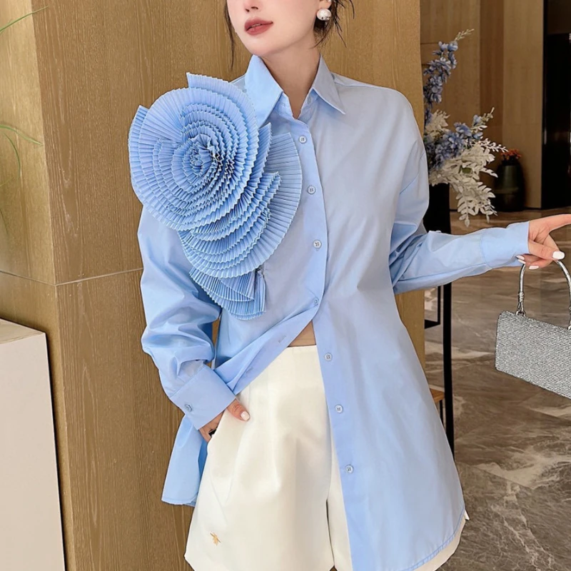 Women 3D Ruched Large Flowers Shirts Long Sleeved Luxury Pleated