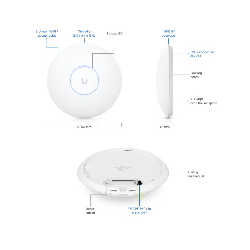 UBIQUITI U7-Pro WiFi 7 AP Ceiling-Mounted With 6 Spatial Streams