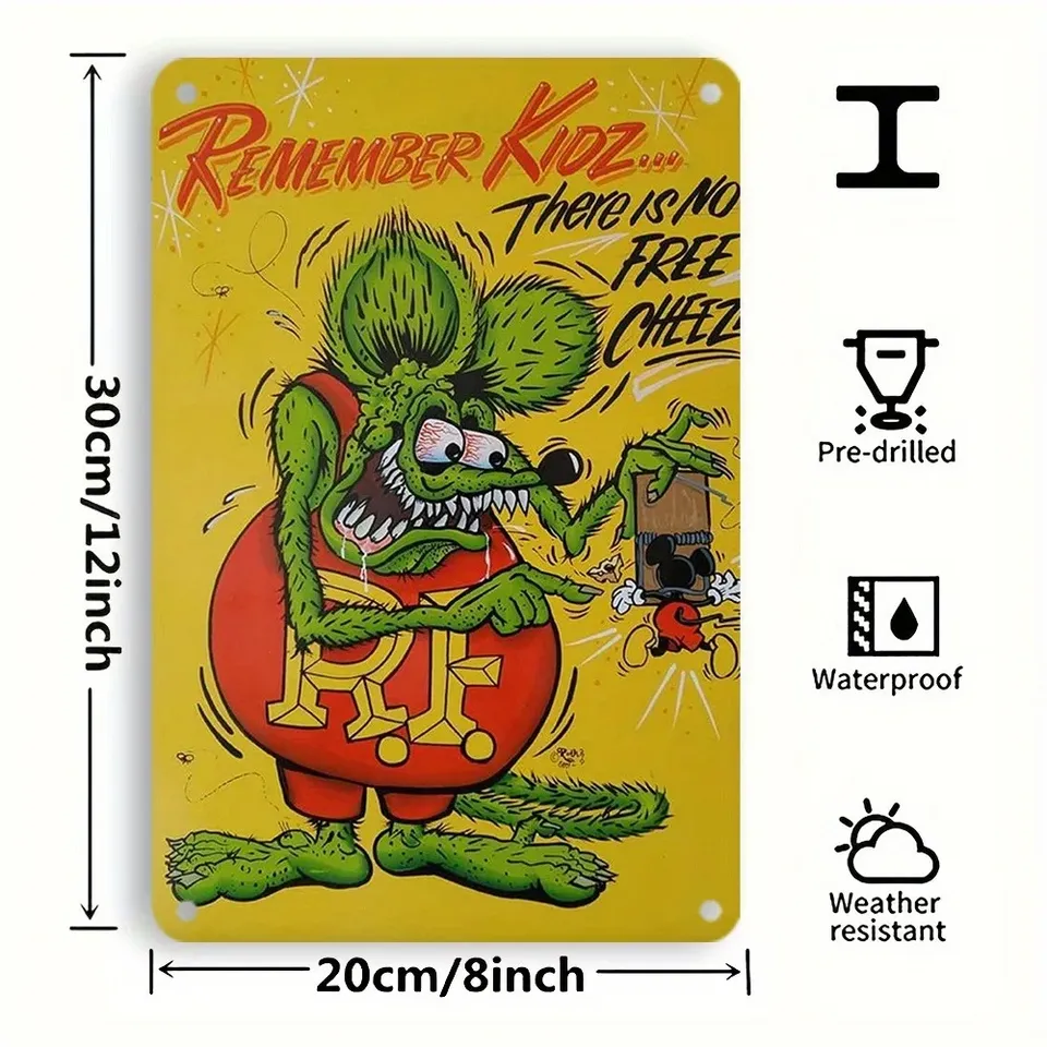 1pc Vintage Rat Fink Metal Tin Sign Classic Cartoon Rat Decorative