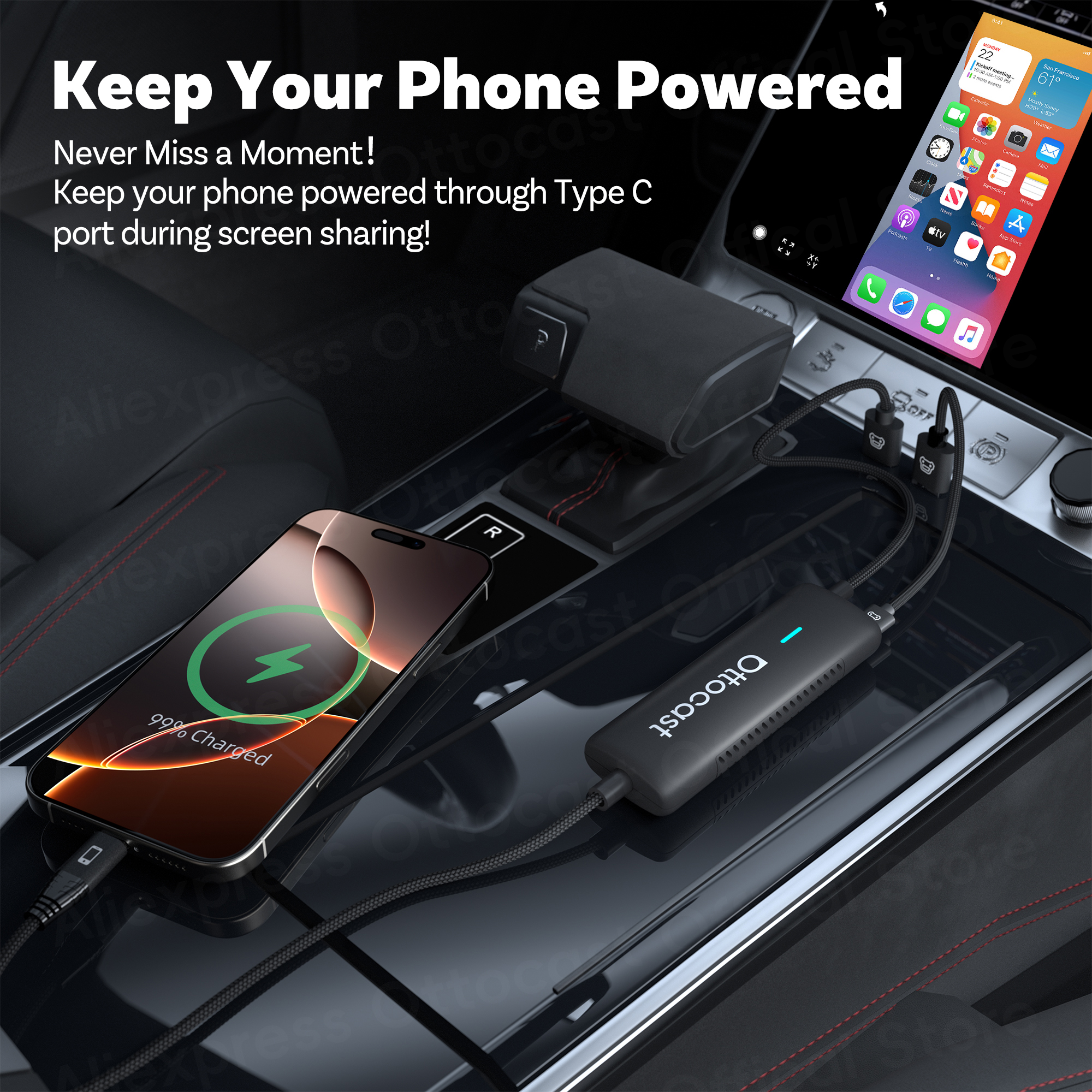 Ottocast Mirror Touch Wireless CarPlay Adapter for Phone Screen