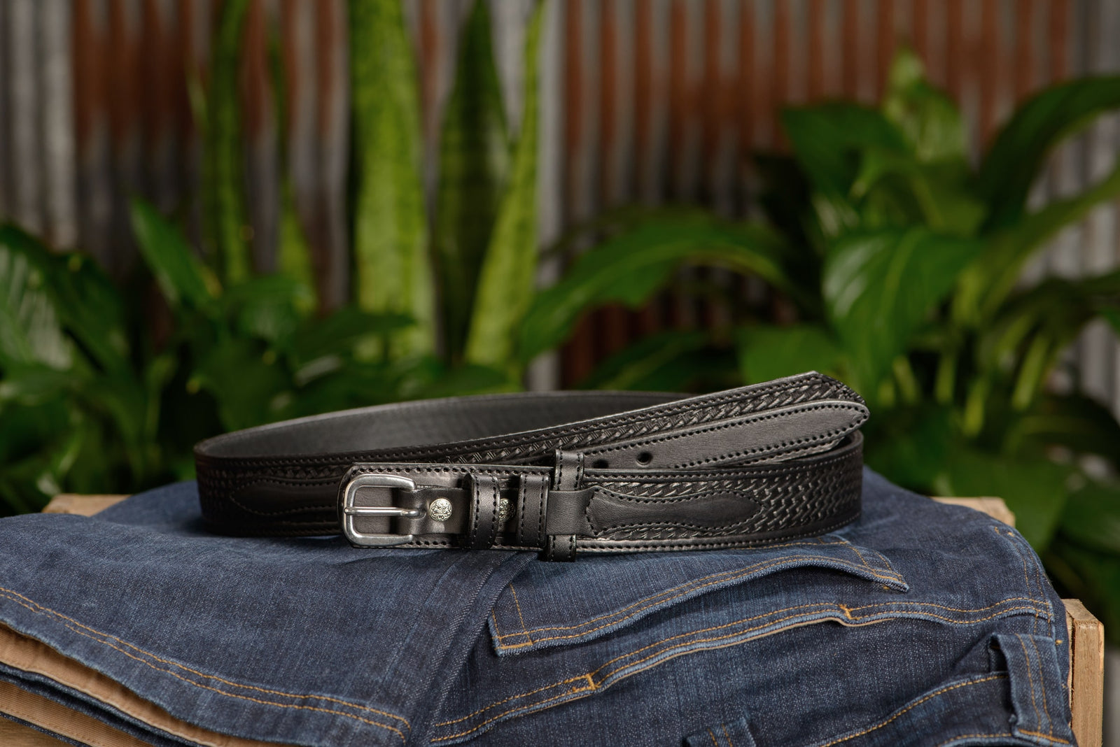 Mens Black Stitched Basket Weave Ranger Belt 1.50
