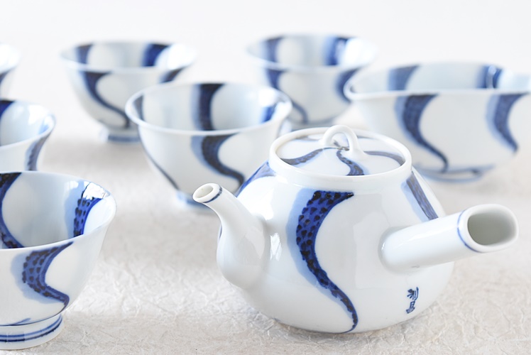 京焼 加藤利昌 染付捻り模様 煎茶器一式 急須 湯呑6客 湯さまし 8点