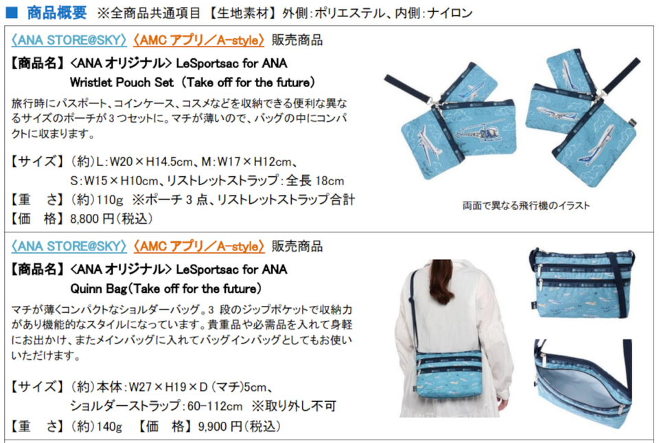 ANA創立70周年記念の「LeSportsac」。歴代飛行機をデザインしたポーチ