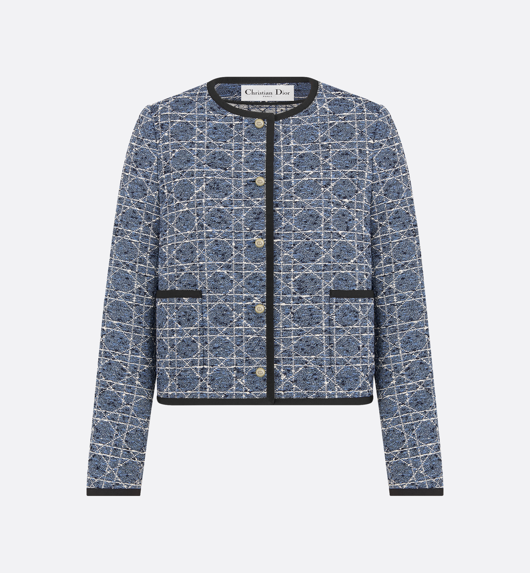 Cannage Cropped Jacket Blue Cotton-Blend Tweed | DIOR