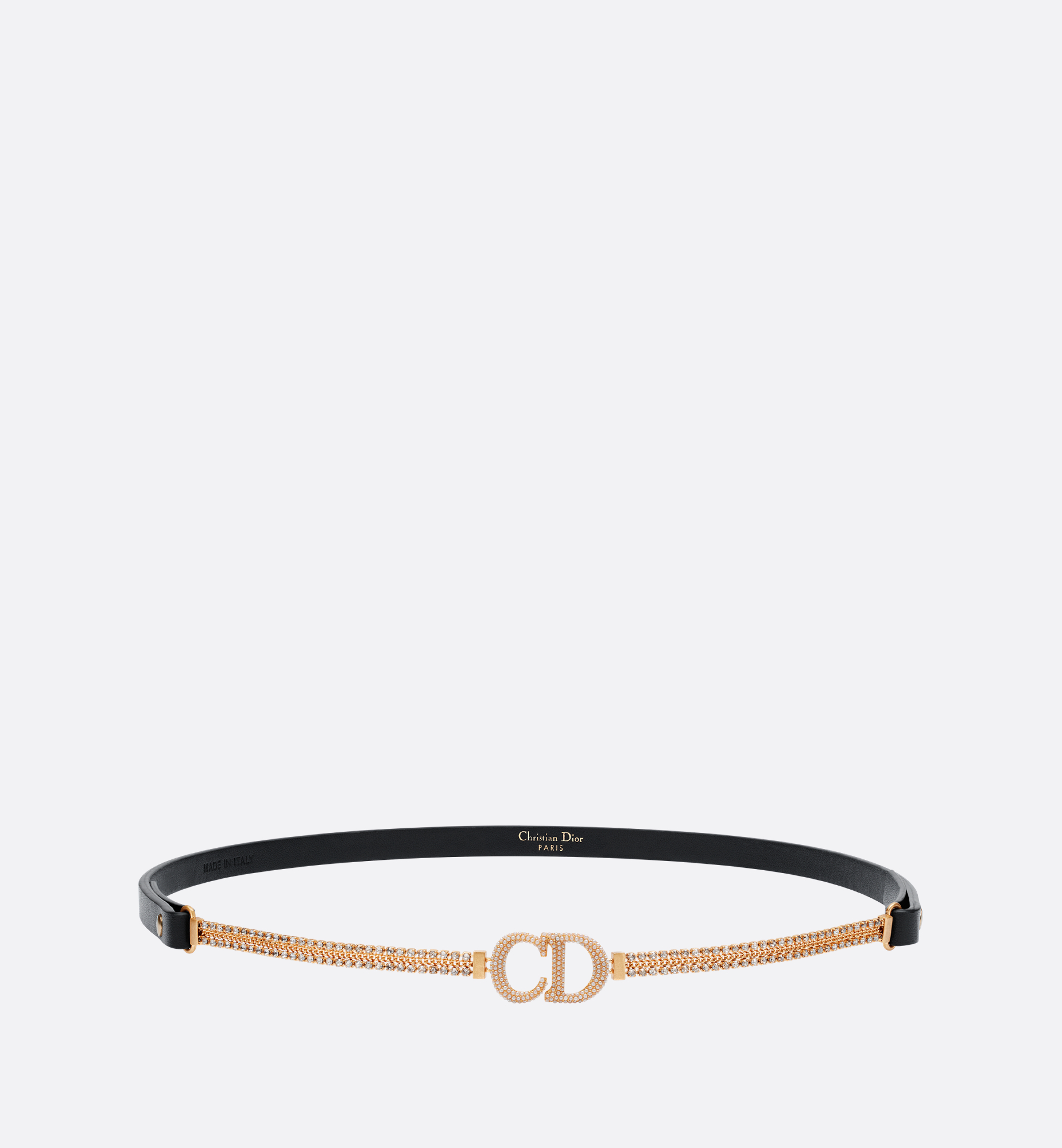 Saddle Chain Belt Gold-Finish Metal, Black Smooth Calfskin and