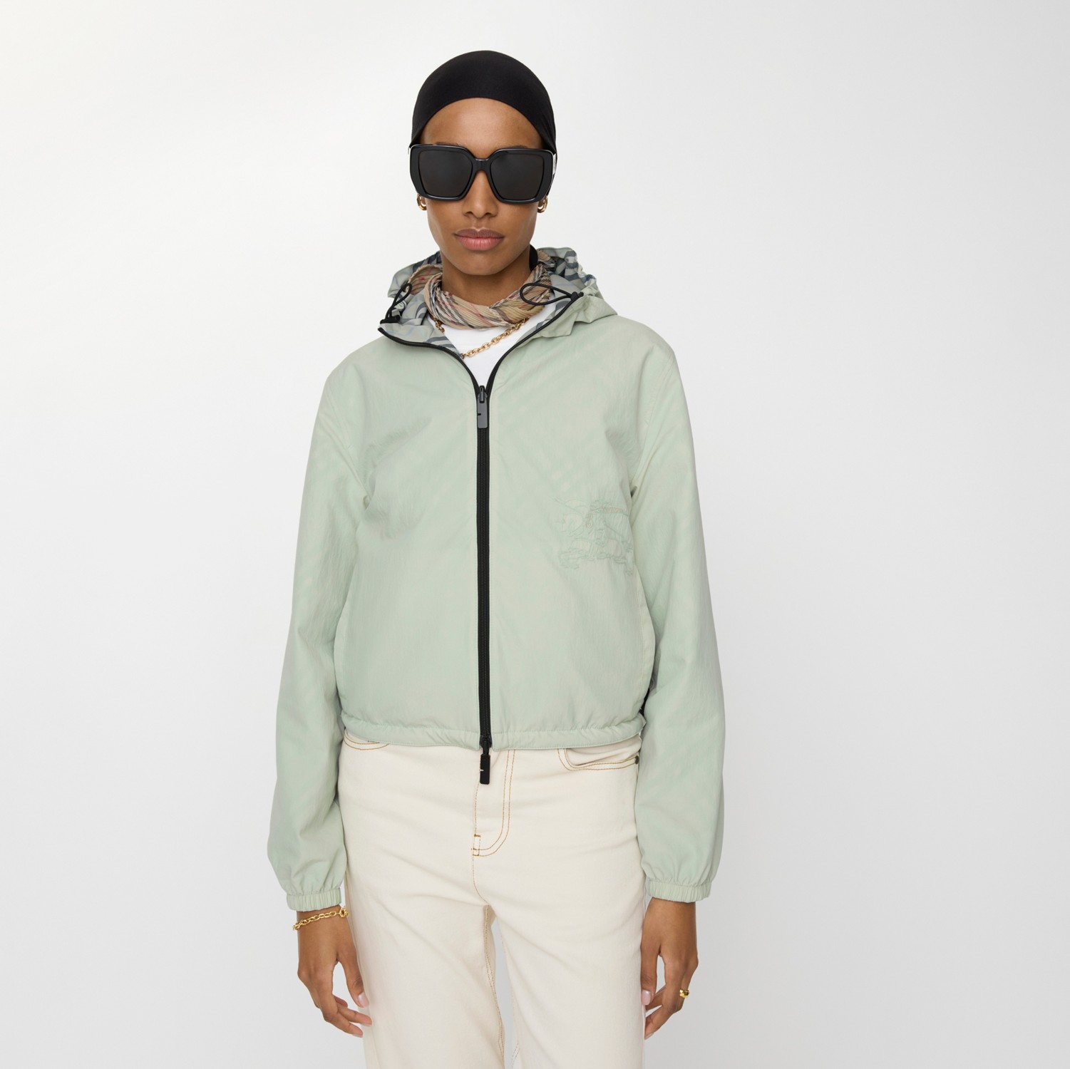 Cropped Reversible Check Jacket in Seafoam green - Women, Wool