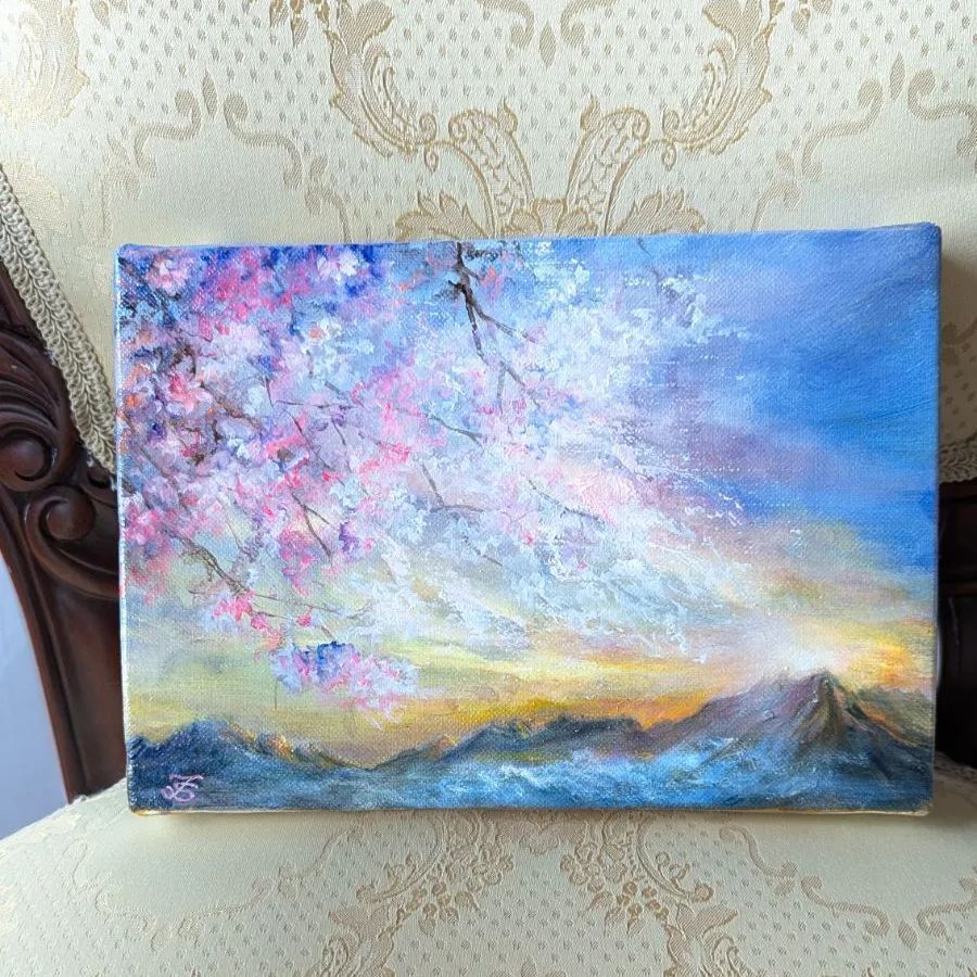 風景画 油絵 桜風景画【1点物】 画家本人出品 ファインアート 一点もの