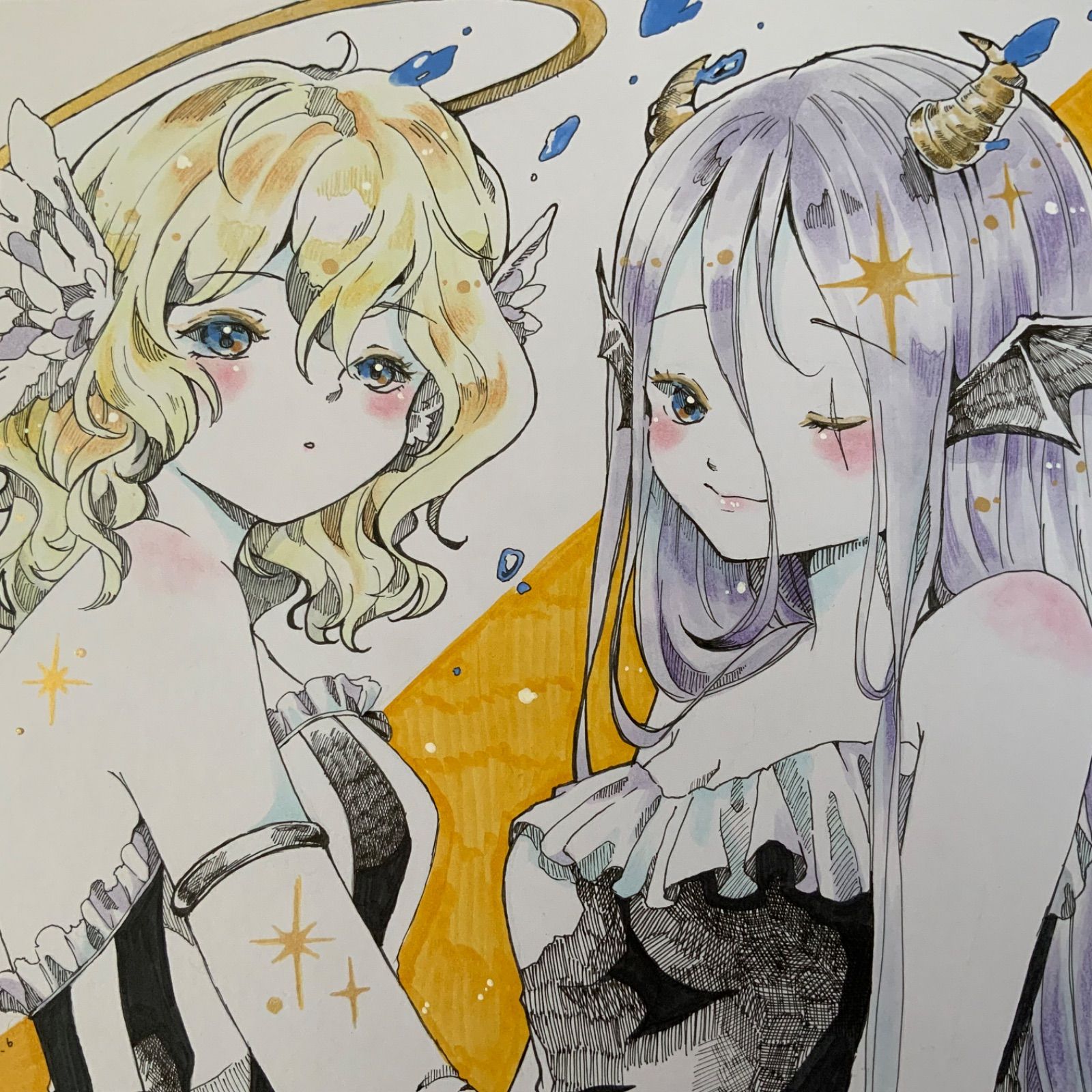 オリジナルイラスト 天使と悪魔ちゃん 色紙大 手描き 原画 女の子