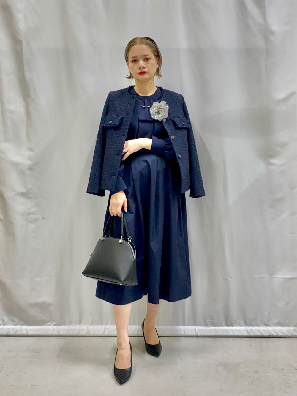 パール付きブラウスパンツセットアップ（長袖）、フェイクレザー2WAY