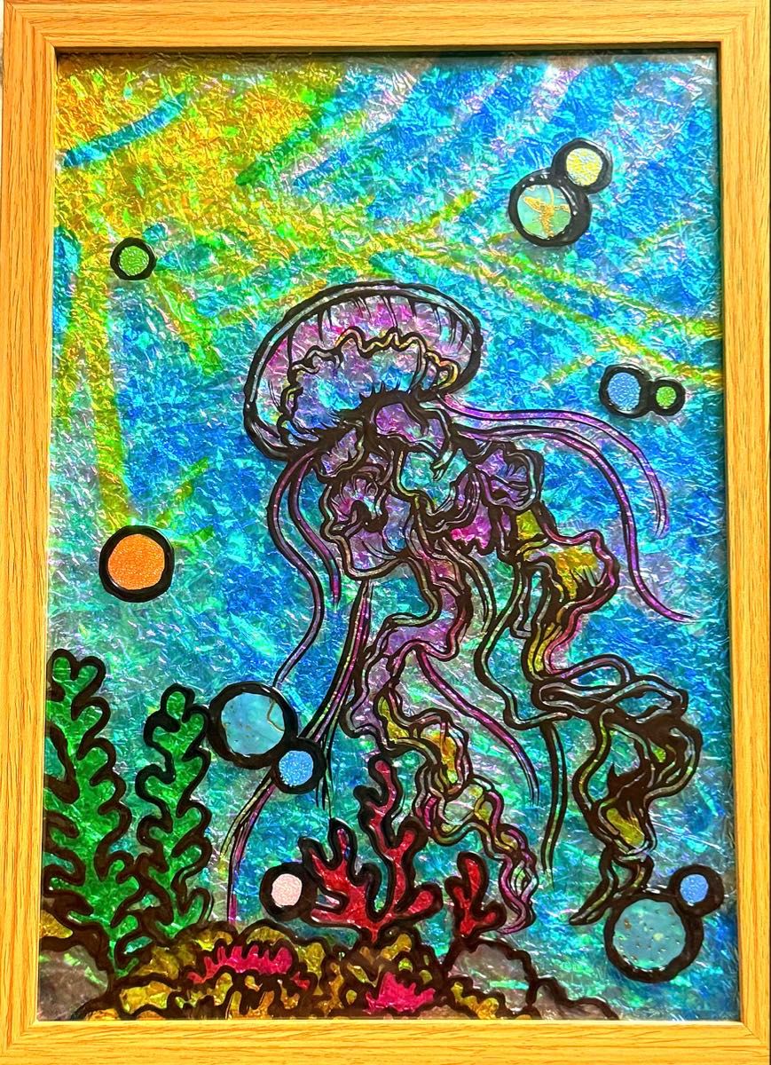 ステンドグラスガラス絵の具開運絵画ハンドメイドアート赤富士山沖縄