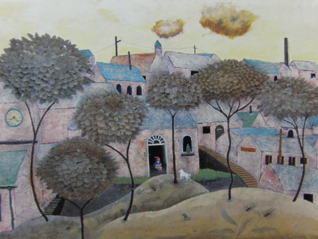 藤田龍児、静かなる町、希少な額装用画集より、新品高級額装付、状態