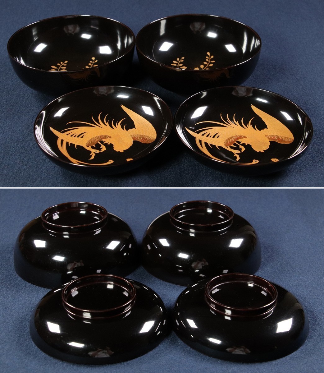 CF79 輪島塗 桐鳳凰金蒔絵 黒塗煮物椀 二客 木製漆器 梨地切金螺鈿細密