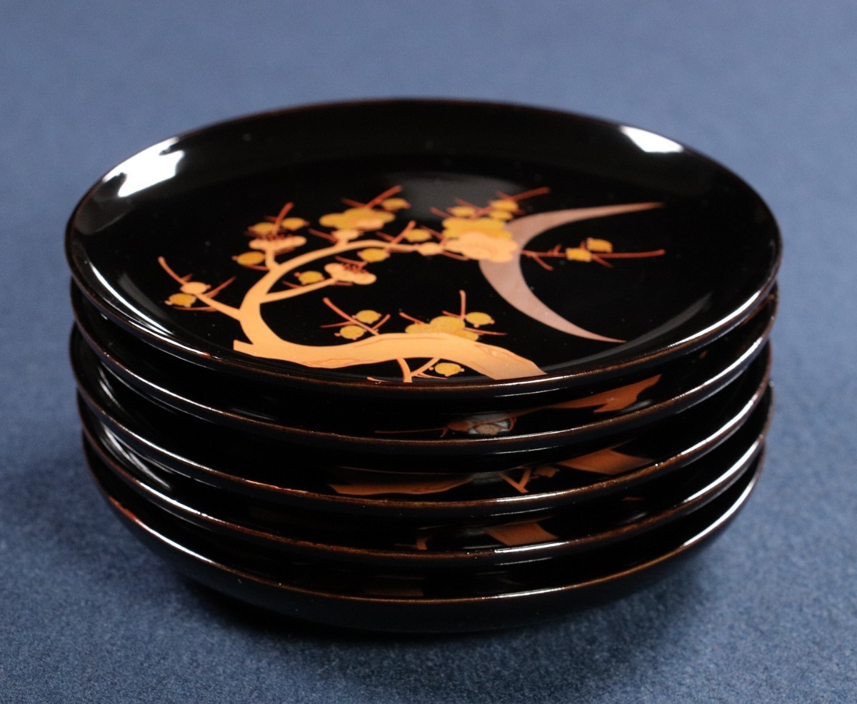 CF85 時代輪島塗 梅に月 金蒔絵 黒塗木皿 五客 約14cm 菓子取皿 木製