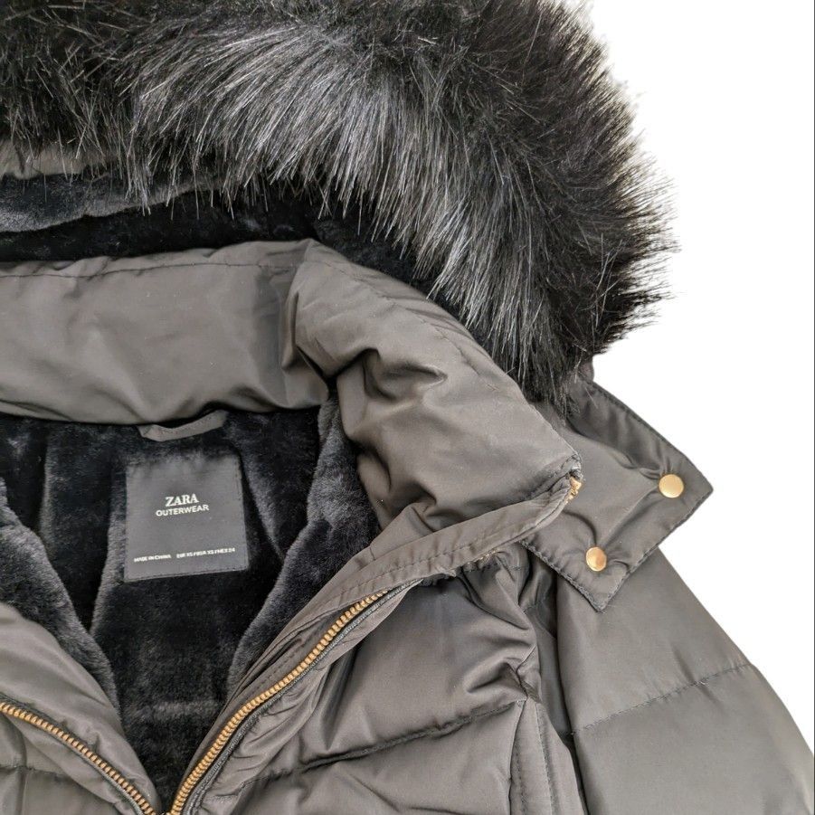 ZARA】ザラ ダウンコート ベルト ファー取り外し Aライン 2way 黒