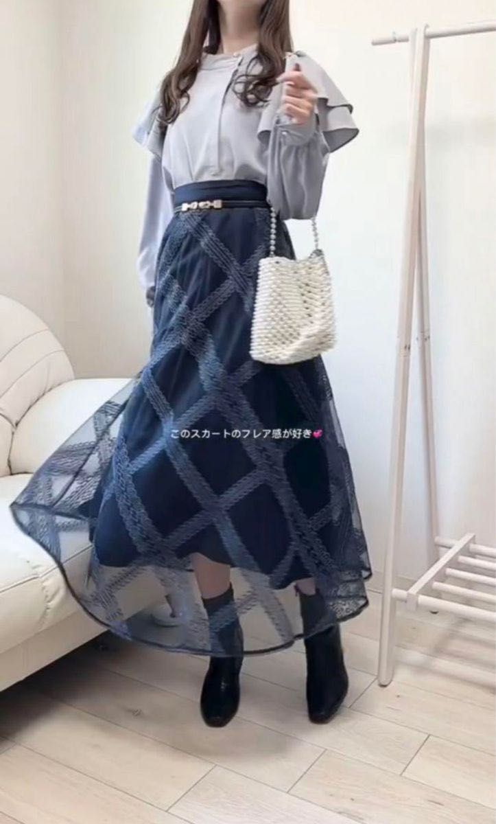 レース刺繍チェック柄フレアスカート tu507 ネイビー GRL グレイル L