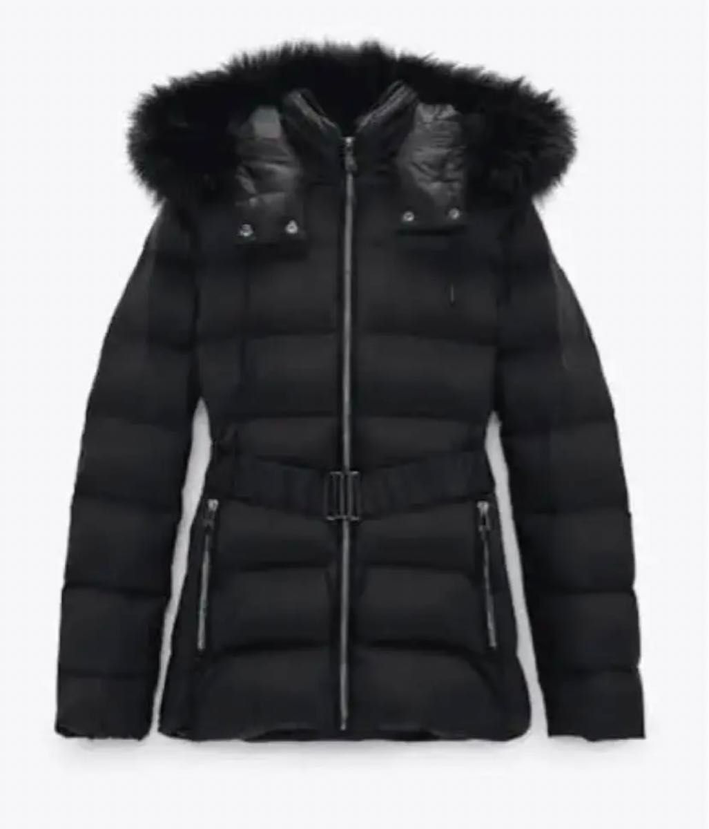 入手困難 ZARA ザラフード付 ダウンジャケット ブラック ファー XL