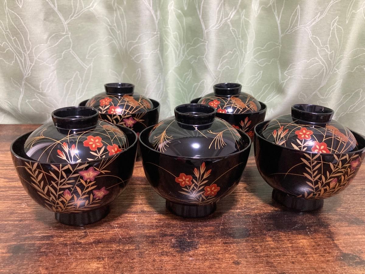 輪島塗椀 草花金蒔絵 黒塗御吸物椀 五客 木製漆器 漆芸懐石会席｜Yahoo
