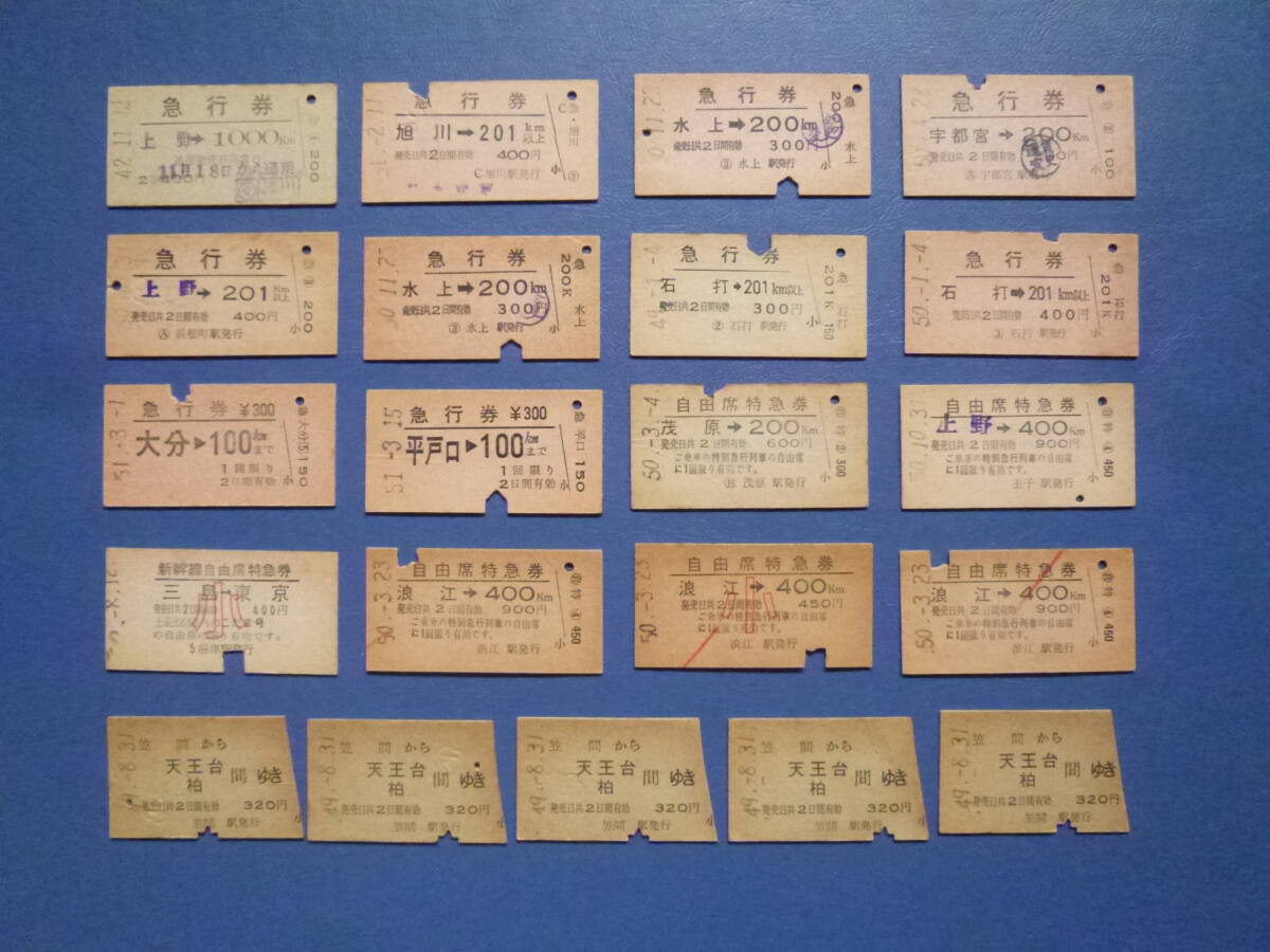 昭和40年代と50年代の国鉄A型硬券21枚組(特急券/急行券/乗車券/国鉄