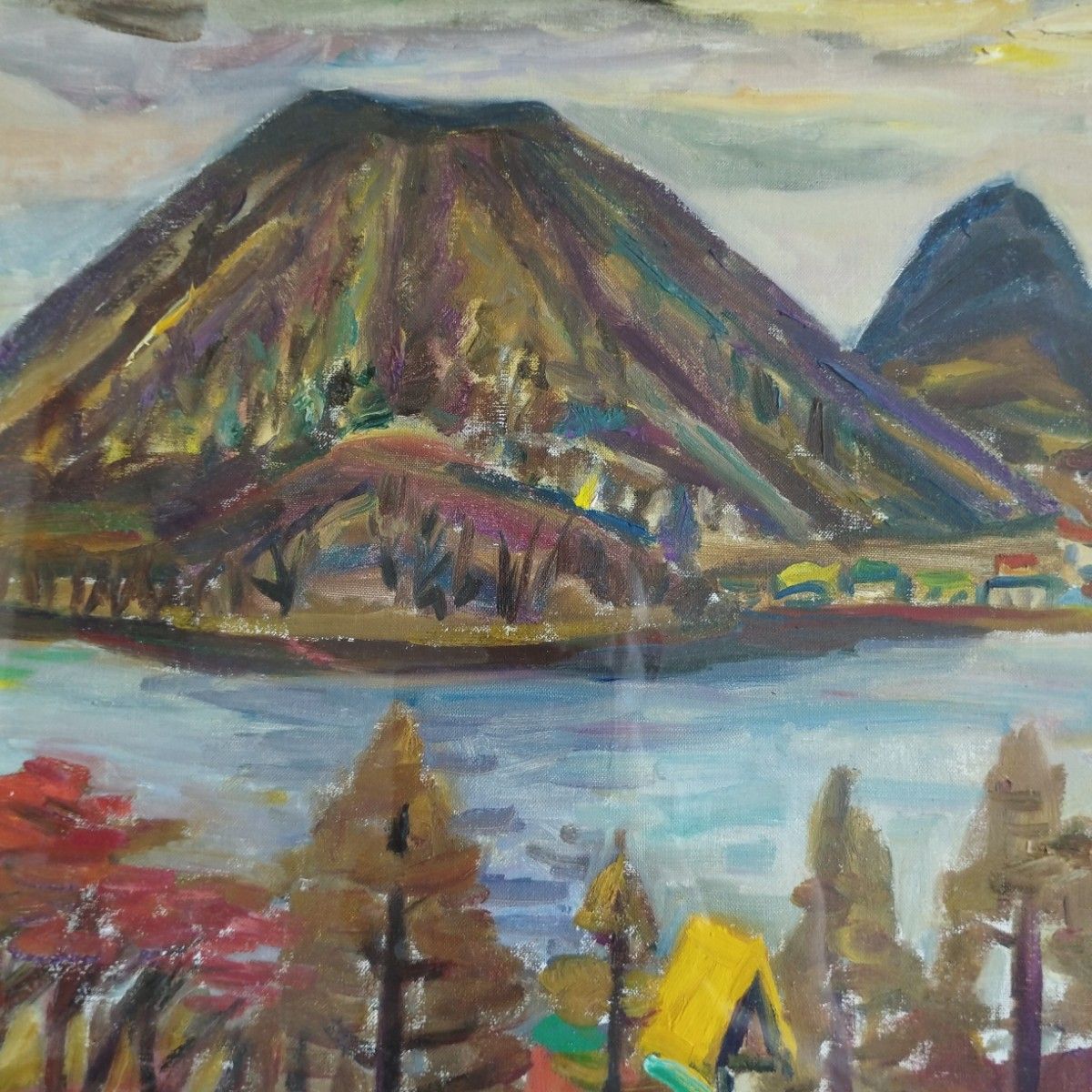 真作] 朝比奈 文雄「榛名湖の秋」/油彩10号/日展評議員/豪華額装品