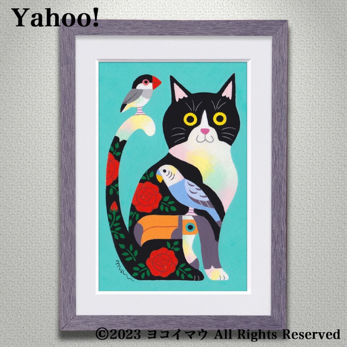 ひな祭りSALE】原画「猫と小鳥のポップアート 青緑」イラスト/アート