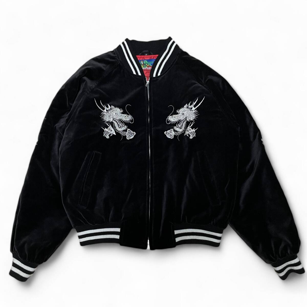hoshihime ベロアスカジャン 黒 ブラック 古着 刺繍 和柄 龍 竜
