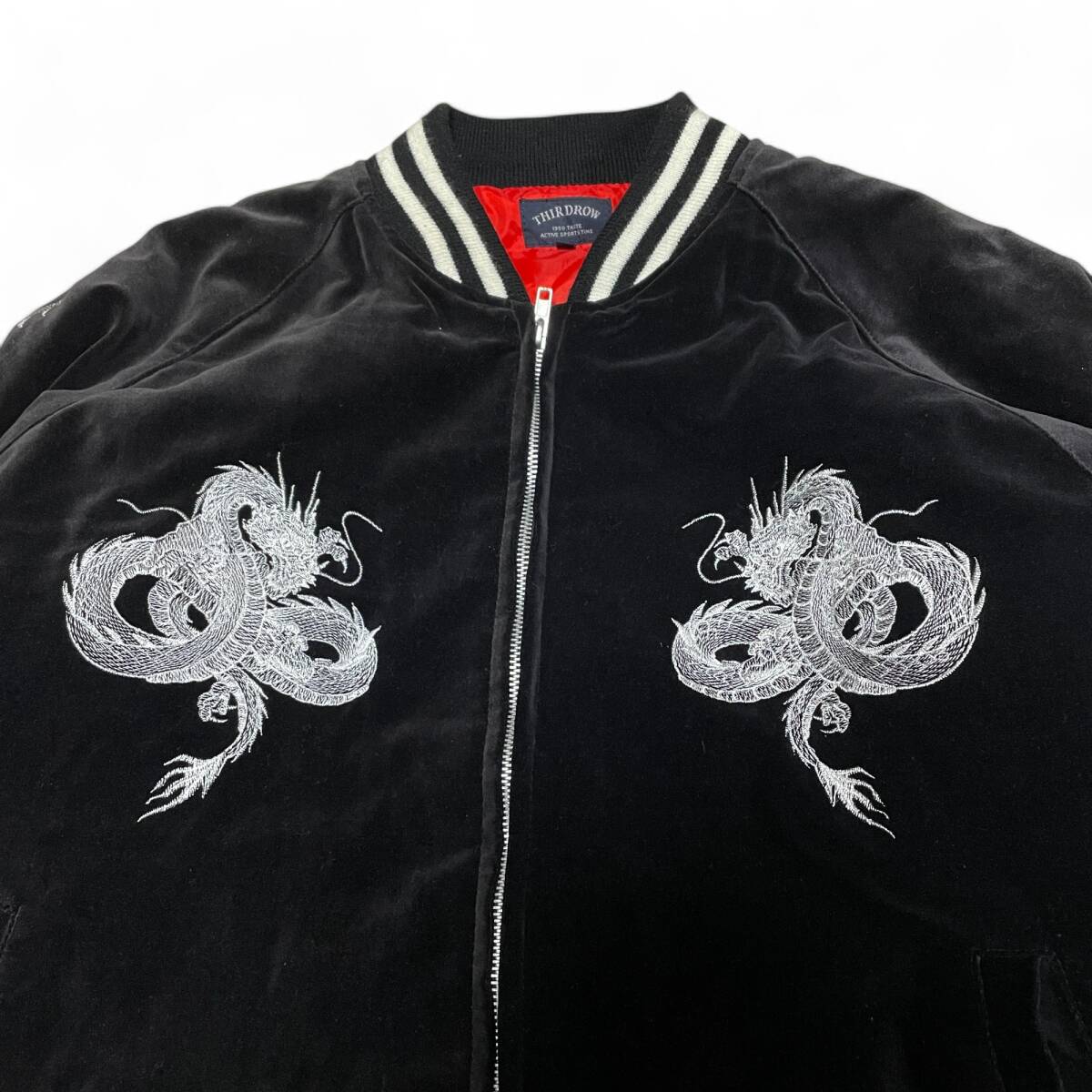 THIR DROW ベロアスカジャン 黒 ブラック 古着 刺繍 和柄 龍 竜