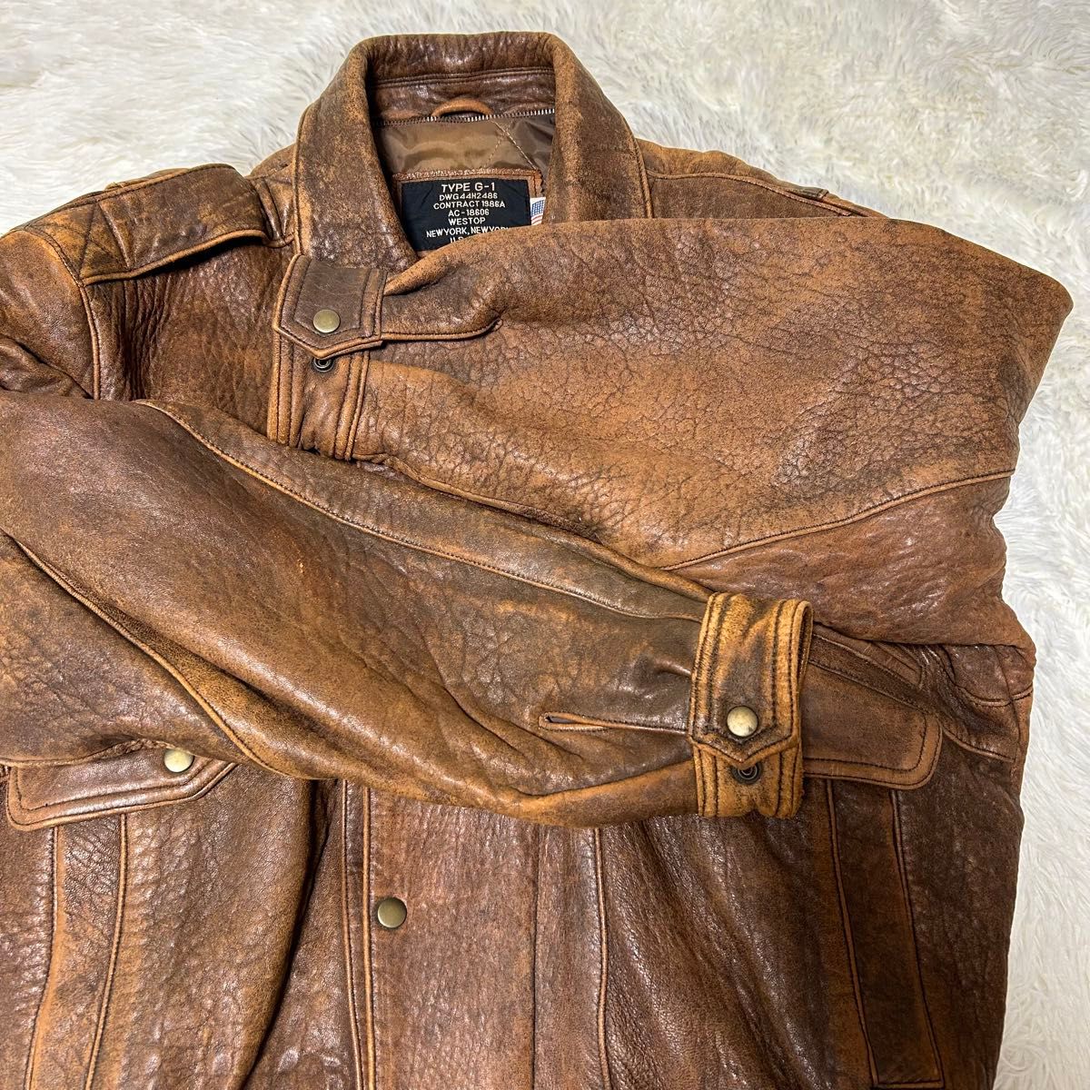 80s A-2 G-1レザー フライトジャケット USA国旗 ヴィンテージ L 本革