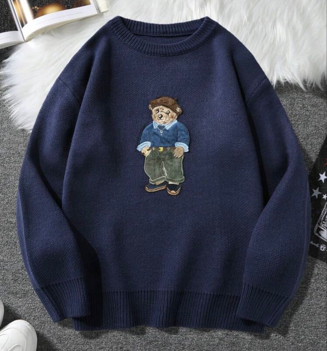 クマ刺繍 ネイビー ニット セーター 長袖 メンズ ウィメンズ オーバー